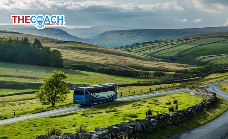 Scenic UK countryside with luxury coach on the road in United Kingdom, April 2024, Coachhire.